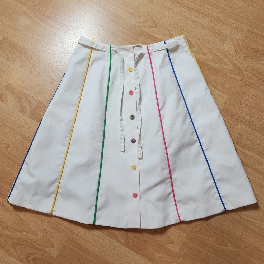 Vintage Sanibel Sport Rainbow Stripe Piping White A-line Knee Length Skirt Small